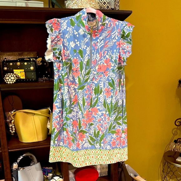 Umgee Blue and Pink Floral ruffle sleeve half zip Dress - Picture 4 of 11